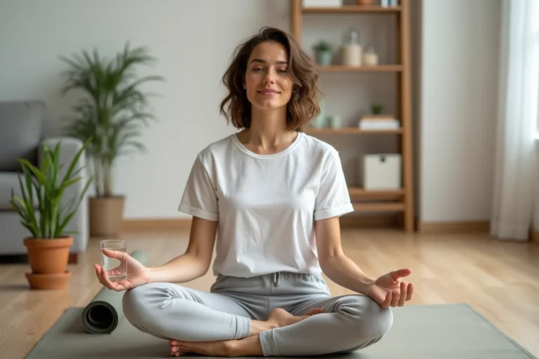 Femme en tenue de yoga tenant un verre d'eau dans un salon minimaliste, illustrant une routine de bien-être au quotidien