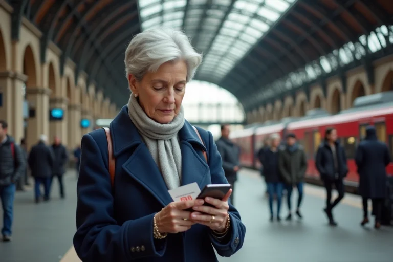 Femme senior tenant un billet de train SNCF dans une grande gare française, illustrant les avantages de la carte senior SNCF