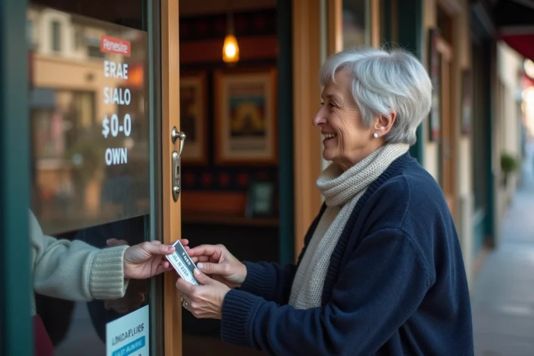 Femme senior présentant sa carte de réduction cinéma à la caisse d'un cinéma français