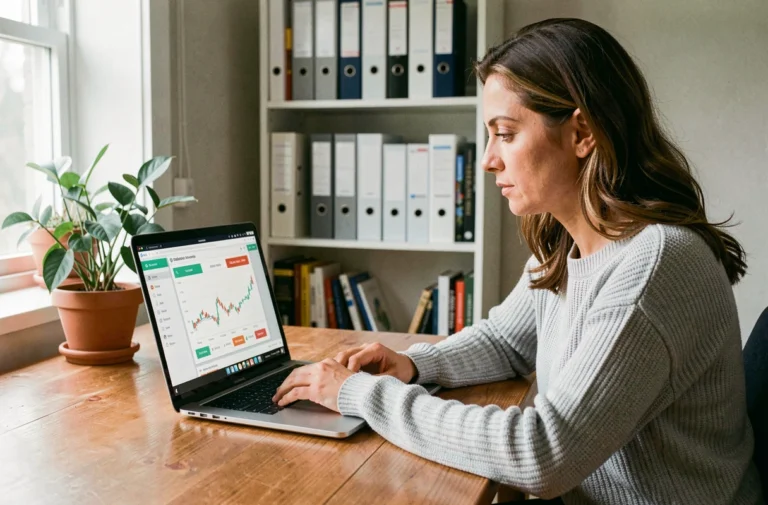 Femme utilisant un simulateur en ligne sur ordinateur portable pour effectuer une estimation financière rapide depuis son bureau à domicile