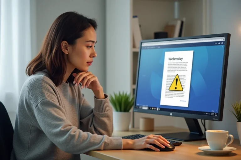 Femme consultant un document Word sur ordinateur avec un symbole d'avertissement affiché à l'écran