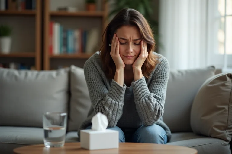 Femme de 38 ans assise sur un canapé tenant ses tempes avec une expression fatiguée, illustrant les premiers symptômes du Covid 2026