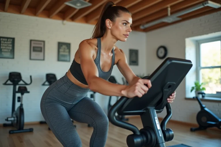Femme utilisant un vélo elliptique et surveillant la cadence RPM sur l'écran de la machine