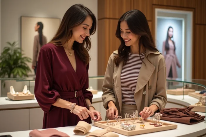 Deux femmes découvrant les accessoires tendance au comptoir d'une galerie de mode élégante