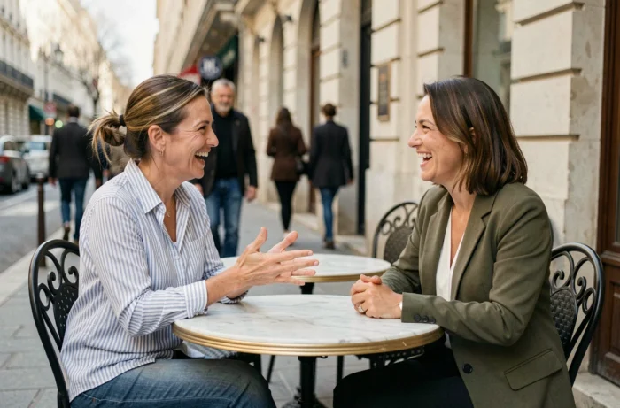 Deux femmes discutant joyeusement en terrasse de café, évoquant le partage et la convivialité des thèmes variés d'un blog de babillages