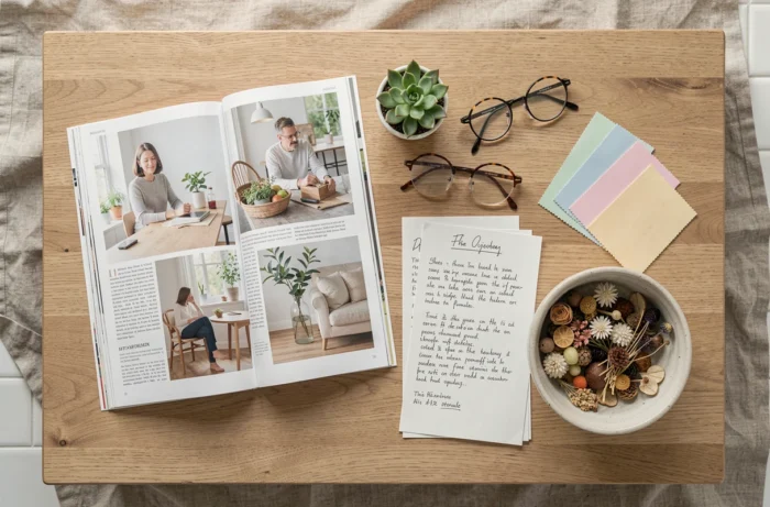Mise à plat de carnets, recettes et accessoires lifestyle représentant la richesse et la diversité des thématiques d'un blog féminin