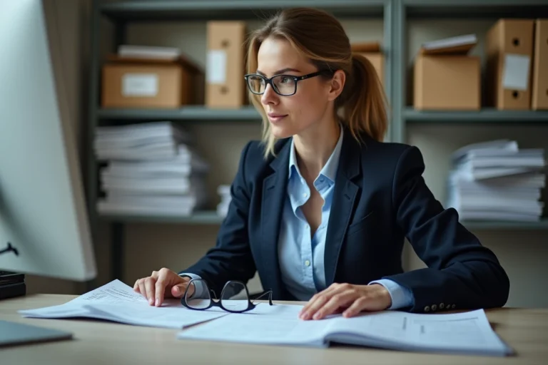 Fonctionnaire de catégorie C en train d'analyser des grilles salariales dans un bureau administratif français