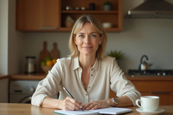 Une femme écrit une règle courte et affirmative sur un bloc-notes à la cuisine