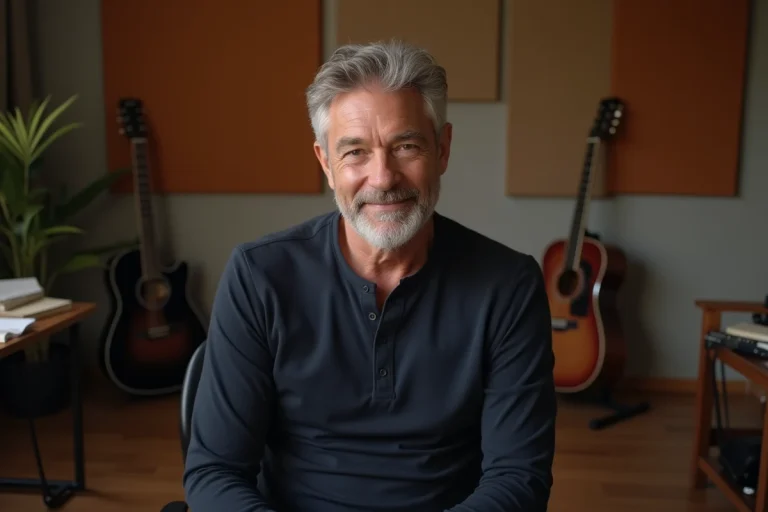 Musicien français aux cheveux poivre et sel assis dans un studio maison, expression résiliente, illustrant le combat contre la maladie auto-immune