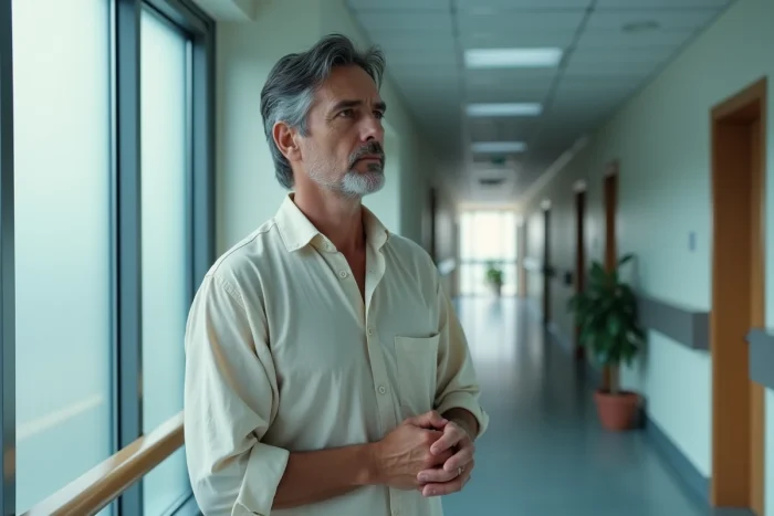 Homme d'une cinquantaine d'années dans un couloir d'hôpital calme, regard pensif vers la fenêtre, symbolisant la maladie auto-immune et la résilience