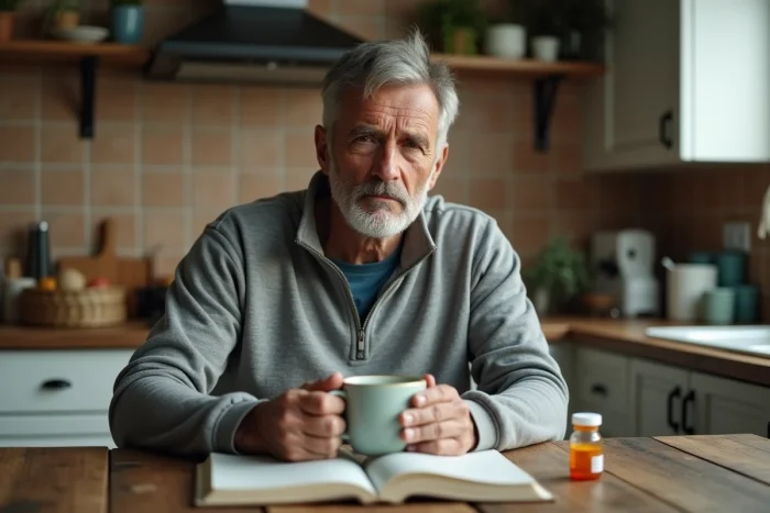 Homme résilient avec un journal et des médicaments sur une table en bois, illustrant la vie quotidienne avec une maladie auto-immune dans un cadre intimiste