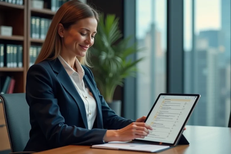 Femme avocate utilisant une tablette tactile pour gérer des documents juridiques numériques dans un cabinet moderne