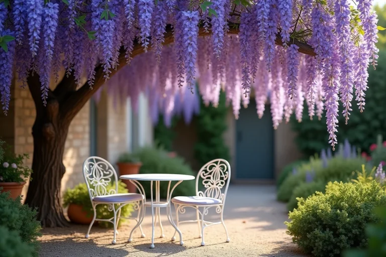 Glycine en ombrelle en pleine floraison formant un dôme d'ombre violet au-dessus d'une table de jardin en fer forgé dans un jardin de style français