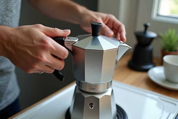 Gros plan sur le joint et la base d'une cafetière moka en aluminium montrant des traces de surchauffe sur plaque vitrocéramique