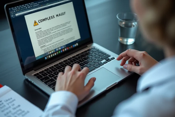Gros plan d'un document Word ouvert sur laptop avec symbole attention inséré dans le texte