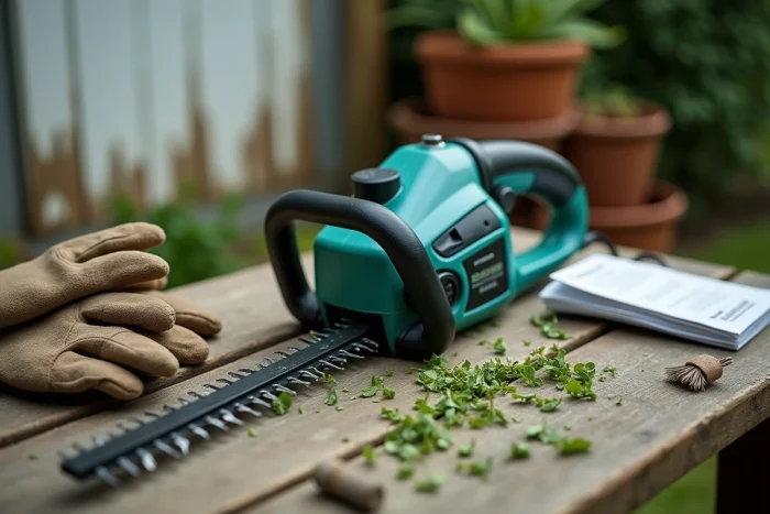 Gros plan sur un taille-haie électrique professionnel posé sur une table de jardin en bois avec des accessoires d'entretien