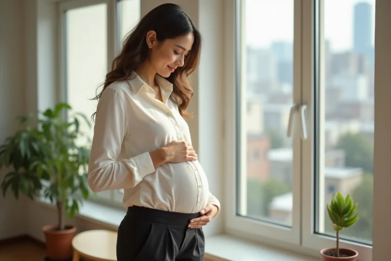 Femme enceinte en tenue élégante posant dans un appartement moderne, illustrant la vie privée des personnalités publiques pendant la grossesse