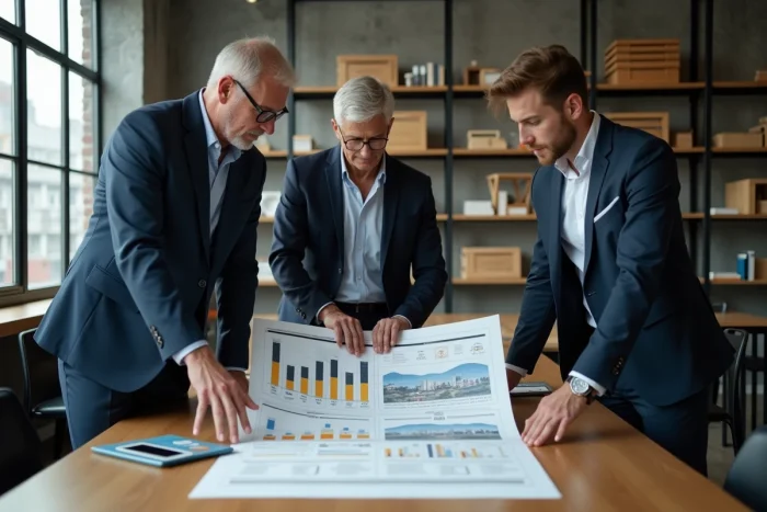 Groupe de professionnels analysant une carte de diversification d'actifs immobiliers et financiers dans un espace de travail moderne