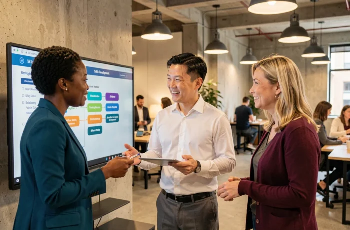 Groupe de professionnels collaborant autour d'un écran lors d'une session de développement des compétences en coworking