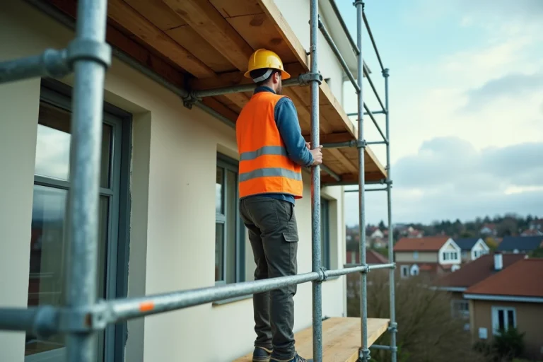 Professionnel en équipement de sécurité debout sur un échafaudage aluminium de hauteur moyenne lors de travaux de rénovation extérieure