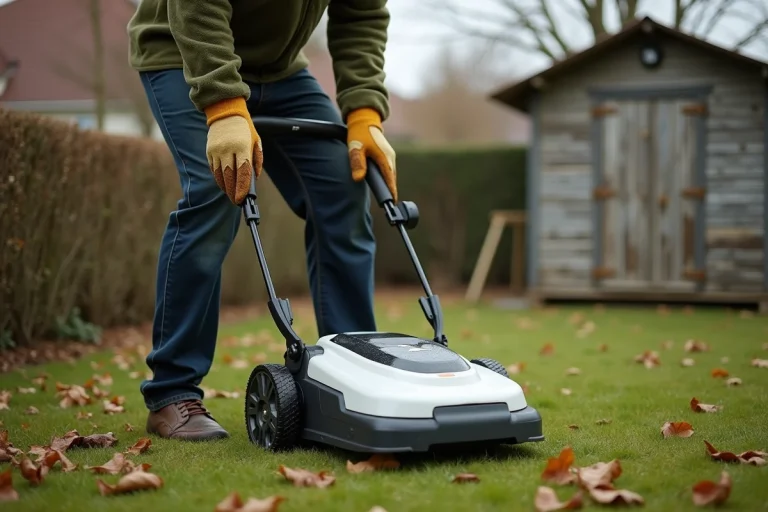 Homme rangeant son robot tondeuse dans le jardin en automne pour l'hivernage