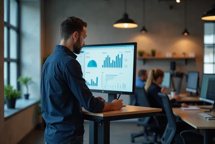Homme consultant les statistiques de son blog professionnel dans un espace de co-working