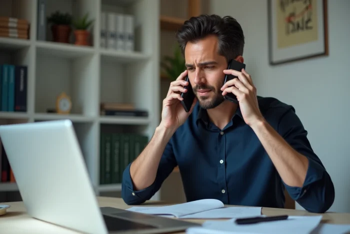 Homme appelant le service client EDF depuis son bureau à domicile pour résoudre une résiliation accidentelle
