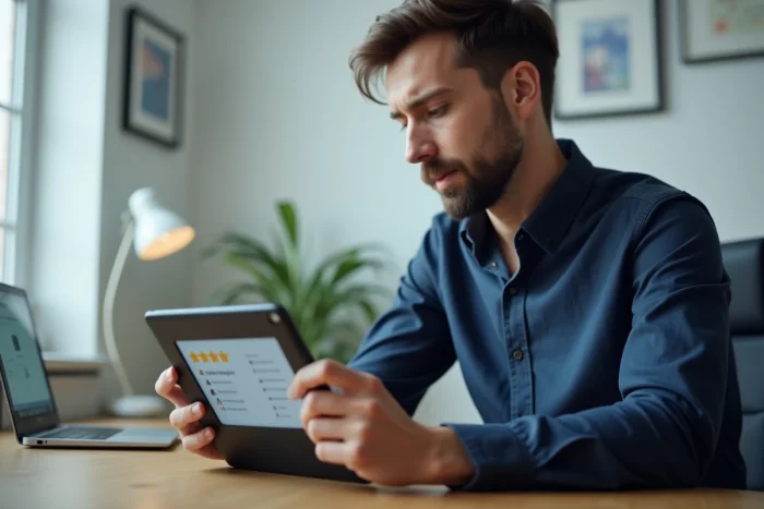 Homme consultant les avis et évaluations de l'application Livi sur une tablette dans un bureau à domicile