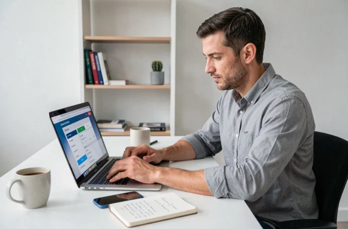 Homme utilisant un ordinateur portable et un smartphone pour comparer des assurances en ligne depuis un bureau à domicile minimaliste