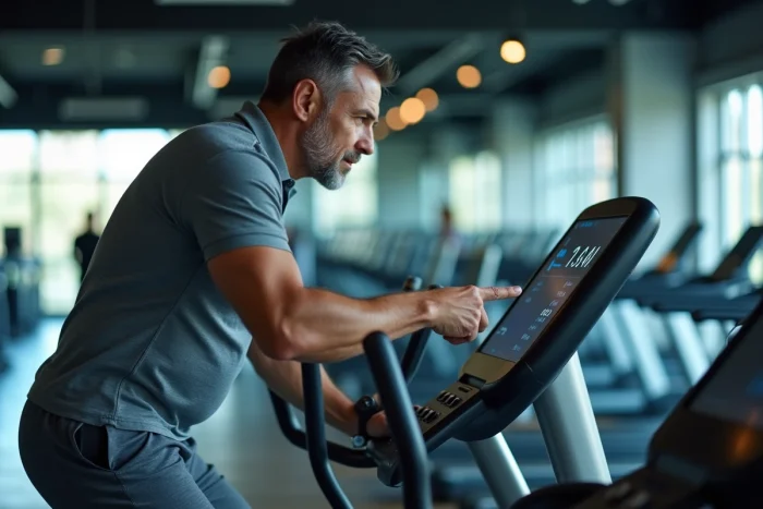 Homme consultant l'affichage RPM sur le tableau de bord numérique d'un elliptique en salle de sport