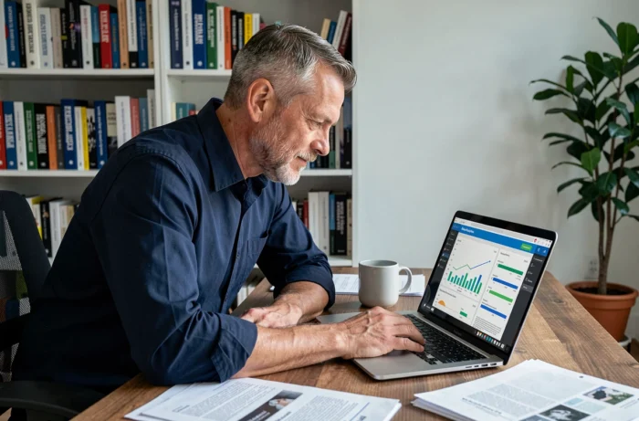 Homme en formation en ligne depuis son bureau à domicile sur une plateforme e-learning professionnelle