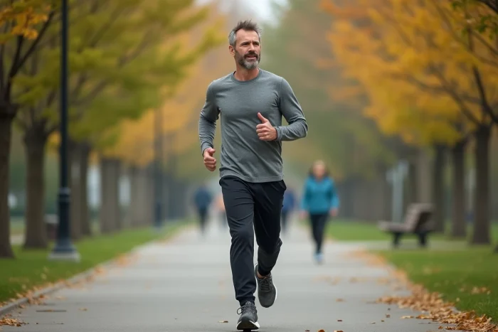 Homme d'âge moyen en train de jogger dans un parc urbain en automne, symbolisant l'activité physique pour prendre soin de sa santé