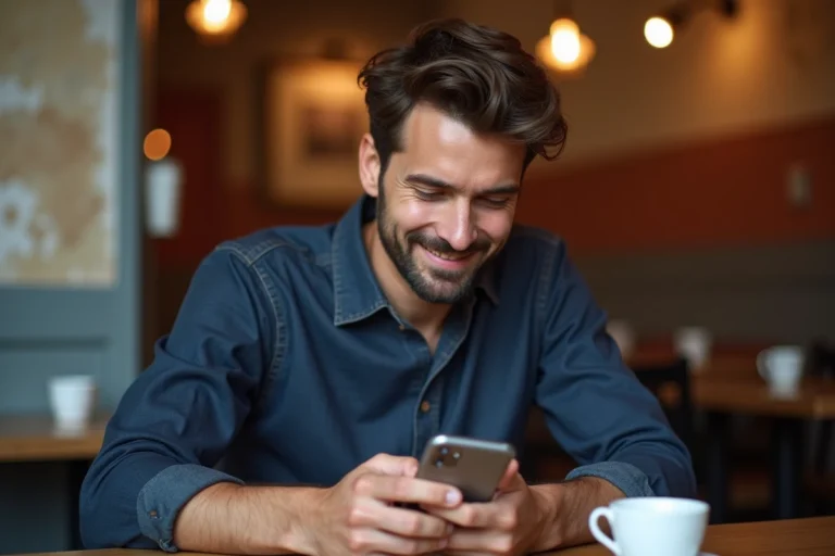 Homme pensif dans un café parisien regardant son téléphone avec un sourire discret, illustrant la signification du message « je pense à toi »