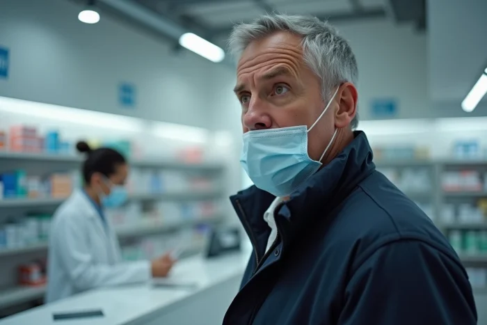 Homme portant un masque sanitaire discutant avec un pharmacien, évoquant la consultation médicale face aux symptômes du Covid 2026