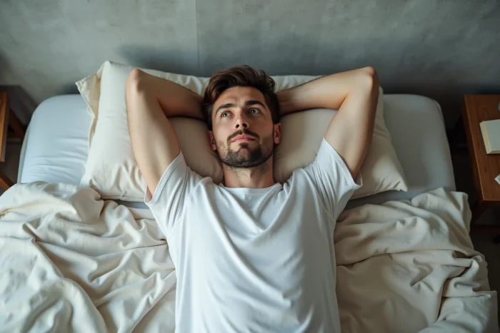 Jeune homme allongé sur son lit fixant le plafond d'un air rêveur, évoquant la pensée affective et la signification émotionnelle d'un message tendre