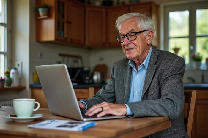 Homme senior consultant les offres de carte senior SNCF sur un ordinateur portable dans une cuisine de maison en France