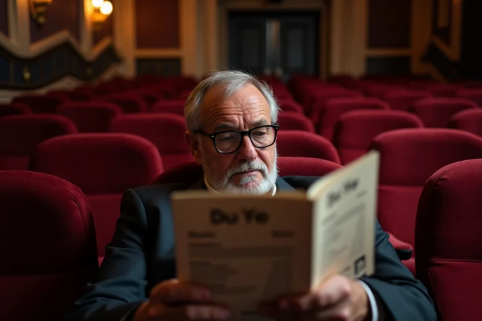 Homme senior consultant le programme de films dans une salle de cinéma aux fauteuils en velours rouge