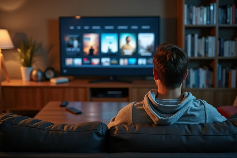 Homme regardant des films français en streaming sur Stremio depuis son canapé