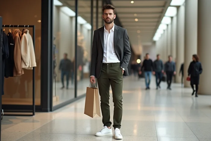 Homme stylé tenant un sac shopping devant les vitrines tendance des Galeries de la Mode