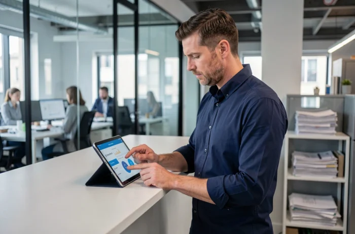 Homme consultant un simulateur en ligne sur tablette dans un bureau moderne pour obtenir des estimations fiables et rapides