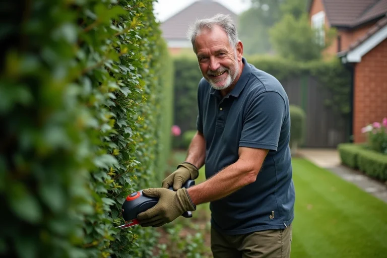 Homme utilisant un taille-haie sans fil pour tailler une haie dense dans un jardin bien entretenu