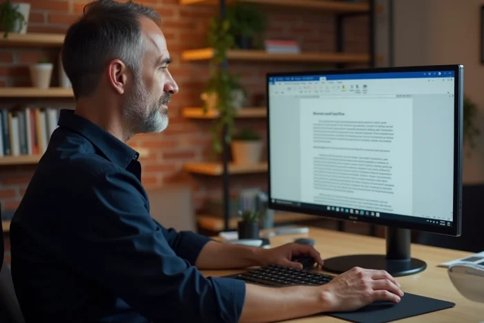 Homme en télétravail insérant un symbole d'attention dans un document Microsoft Word sur ordinateur