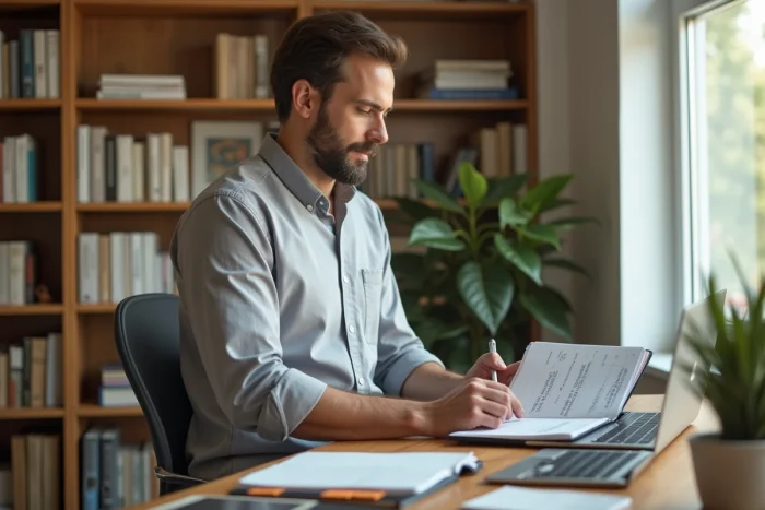 Homme en chemise grise organisant son espace de travail à domicile avec des outils professionnels essentiels : agenda, ordinateur portable, carnet de notes et plantes décoratives