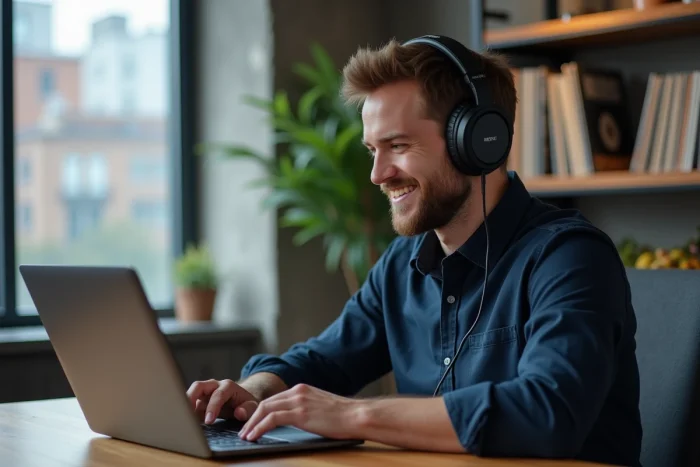 Homme écoutant une webradio française sur ordinateur portable dans un appartement moderne