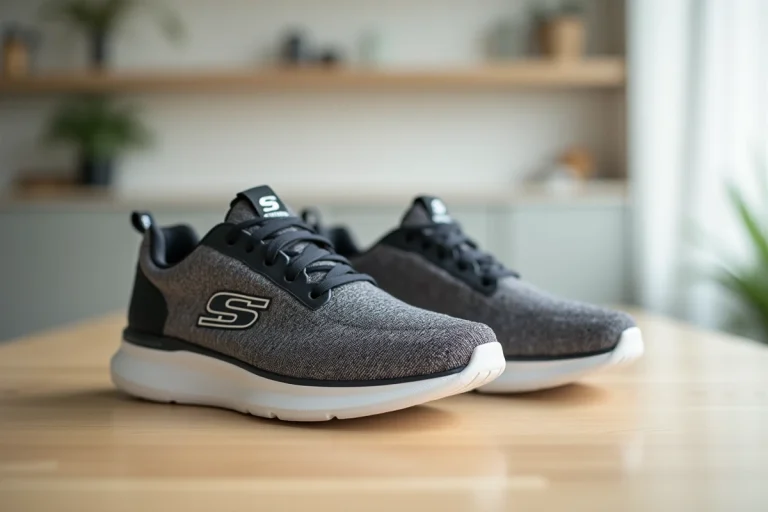 Paire de Skechers authentiques posée sur une table en bois, gros plan sur les détails de la semelle et du logo pour identifier une vraie paire
