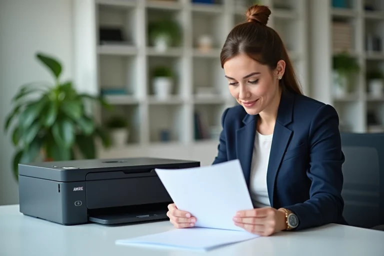 Femme professionnelle comparant une impression laser dans un bureau moderne avec imprimante sur le bureau