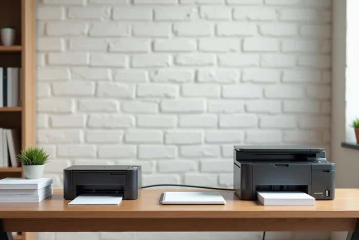 Bureau à domicile avec imprimante laser et imprimante LED côte à côte pour comparaison