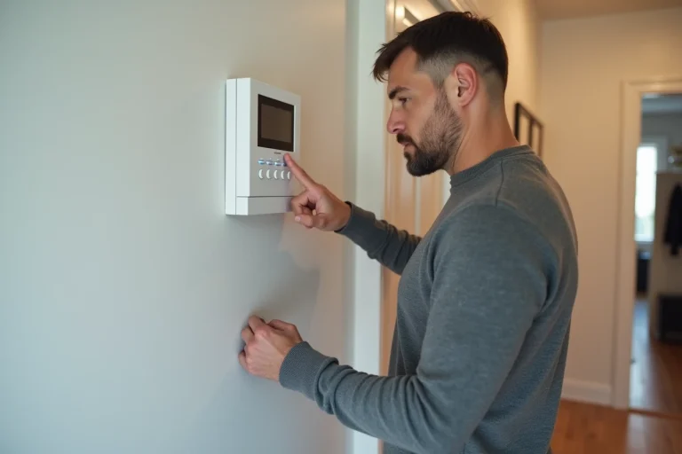 Homme inspectant un panneau d'alarme Verisure installé dans une entrée de maison moderne