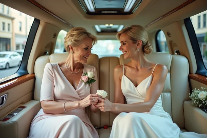 Intérieur d'une limousine de mariage avec la mère de la mariée et la demoiselle d'honneur partageant un moment émouvant, ambiance intimiste et élégante