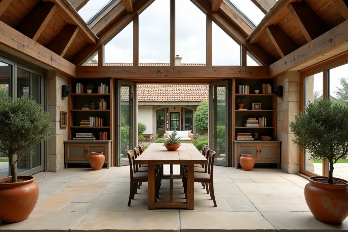 Intérieur d'une véranda sur mesure aménagée en espace de vie à Beaune, avec table en chêne, plantes en pots et charpente bois sous verrière avec vue sur toiture bourguignonne